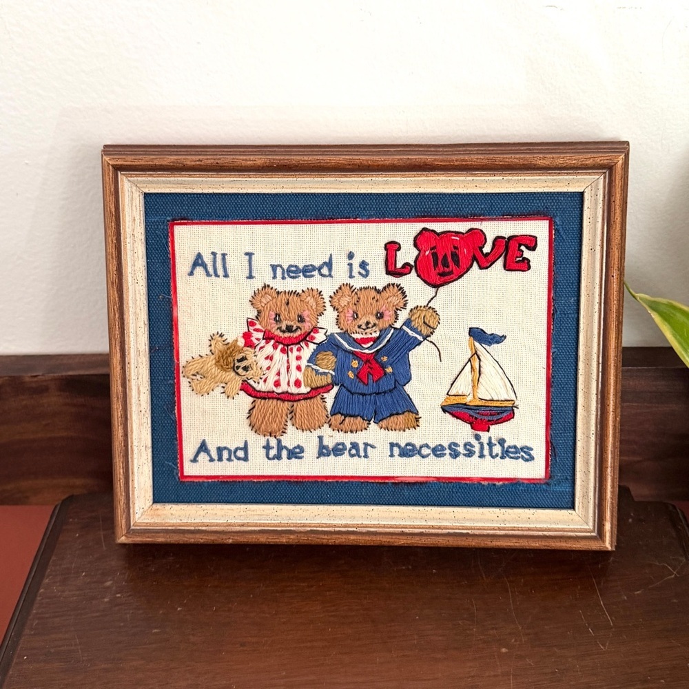 Vintage Bear Necessities Embroidery Needlepoint Sunset Stitchery Finished Art